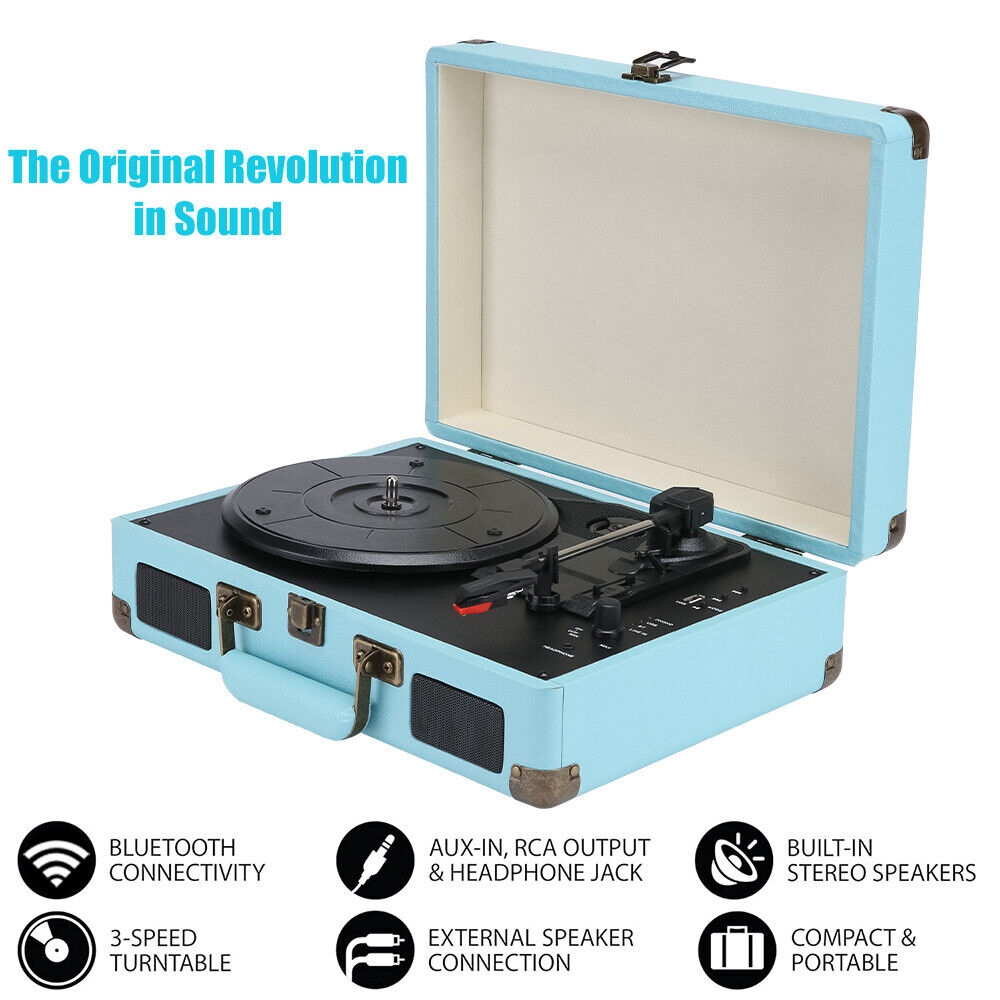 NNEDSZ Blue Retro Briefcase Vinyl Record Player Suitcase 3 Speed Turntable Stereo Christmas